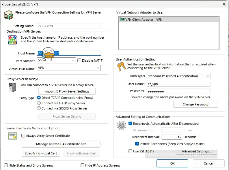 SoftEther VPN 윈도우 프로그램 설정 화면