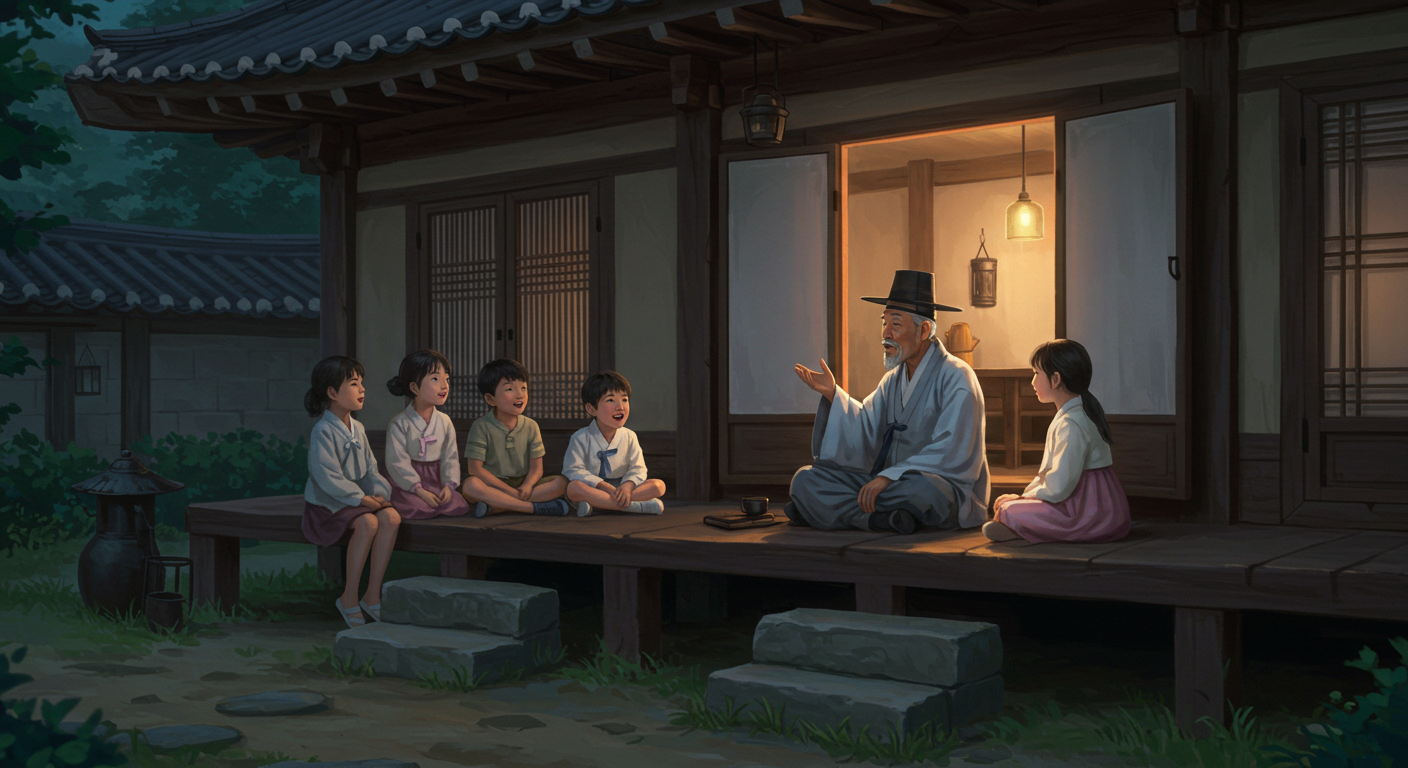 저녁에 마루에 앉아 아이들에게 이야기를 들려주는 어르신의 모습