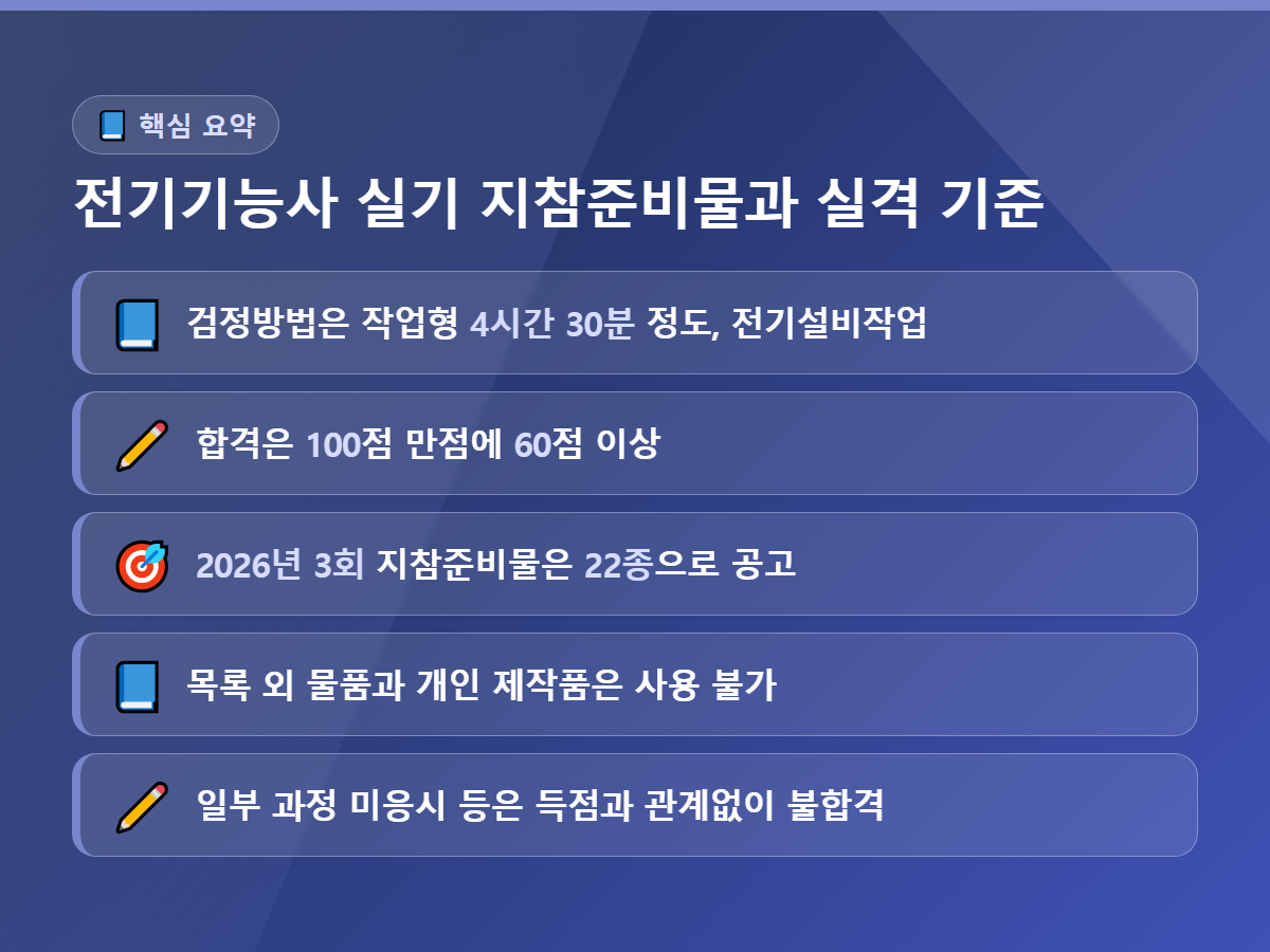 핵심 요약 이미지 - 검정방법은 작업형 4시간 30분 정도의 전기설비작업이고, 합격은 100점 만점에 60점 이상이며, 2026년 3회 지참준비물은 22종으로 공고됐고, 목록 외 물품과 개인 제작품은 사용할 수 없으며, 일부 과정 미응시 등은 득점과 관계없이 불합격이라는 다섯 항목
