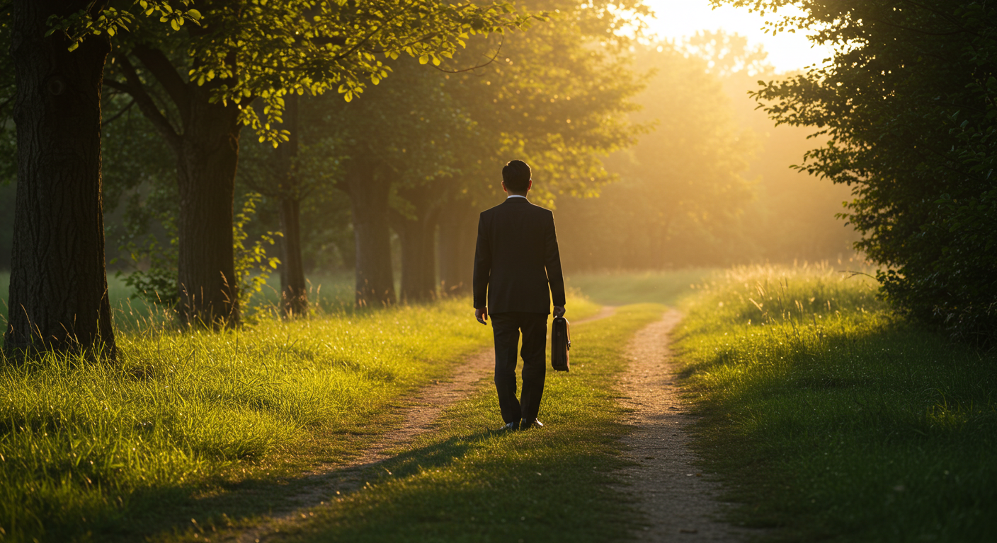 평온한 시골길을 걷는 투자자의 뒷모습