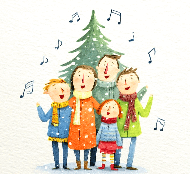 전나무 앞에 서 있는 엄마와 아빠, 두명의 아들, 어린 딸이 함게 노래를 부른다. 음표들이 주변에 그려졌다.