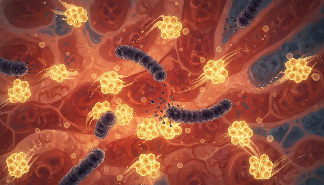 마누카꿀의 MGO 성분이 헬리코박터 파일로리균을 공격하여 염증을 완화하는 모습을 보여주는 과학적인 일러스트