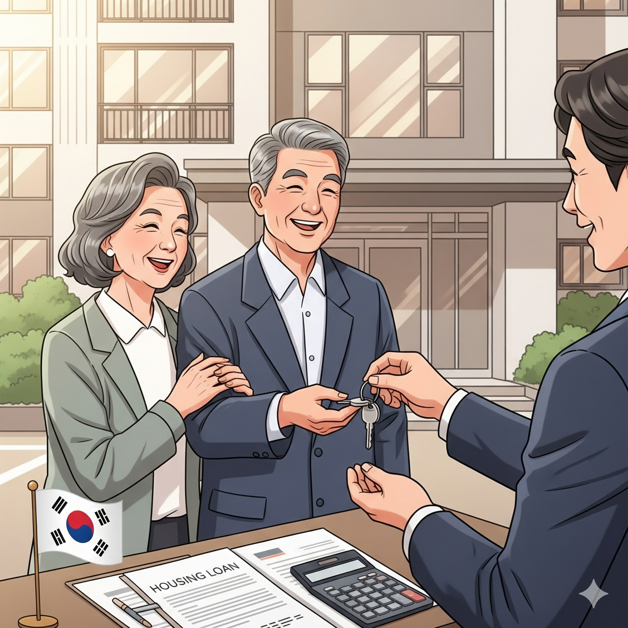 새로운 아파트 앞에서 열쇠를 받는 50-60대 국가유공자 부부의 기쁜 모습