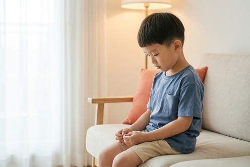소파 끝에 앉아 두 손을 내려다보는 아들의 조용한 표정