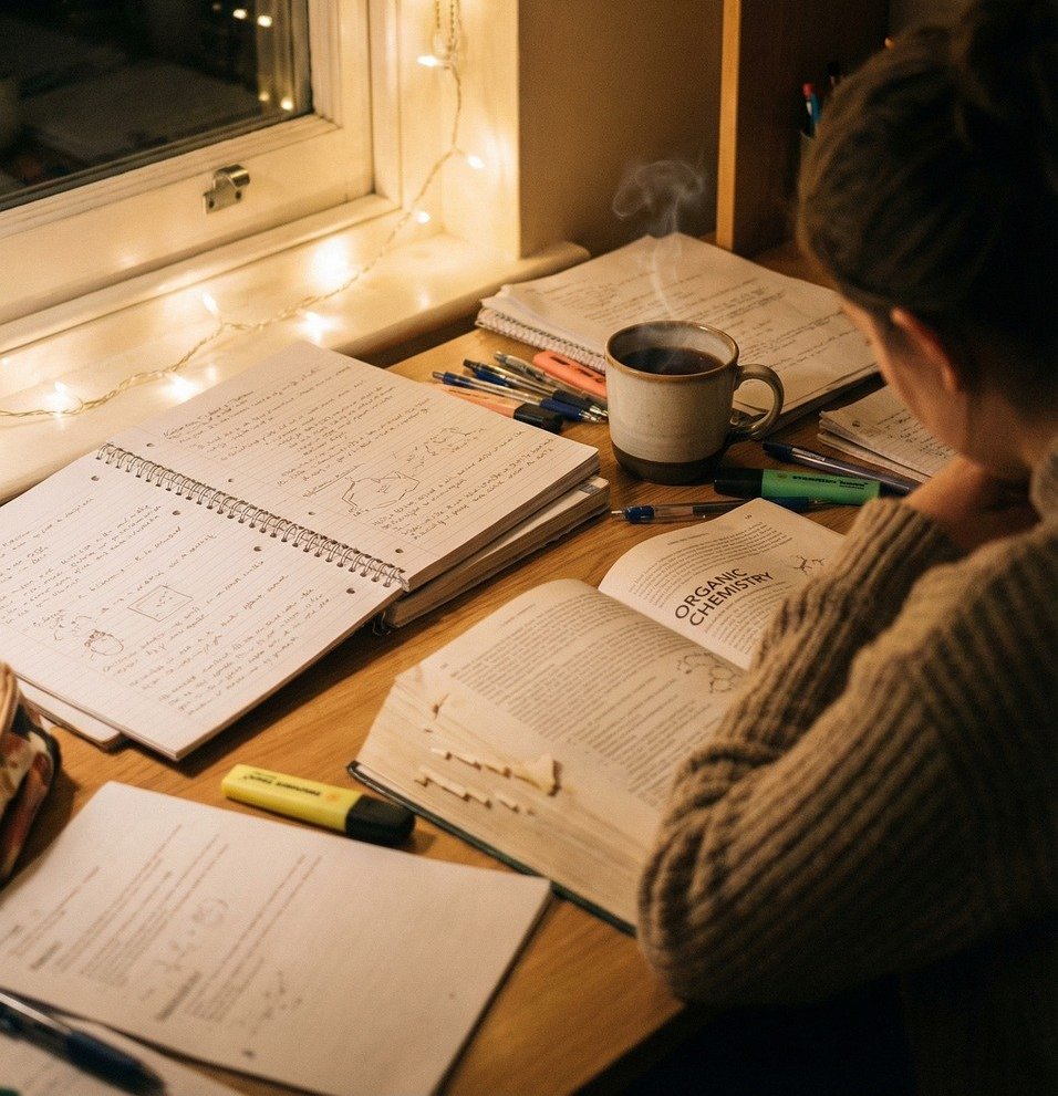 밤 늦게까지 책상에 앉아 공부하는 학생