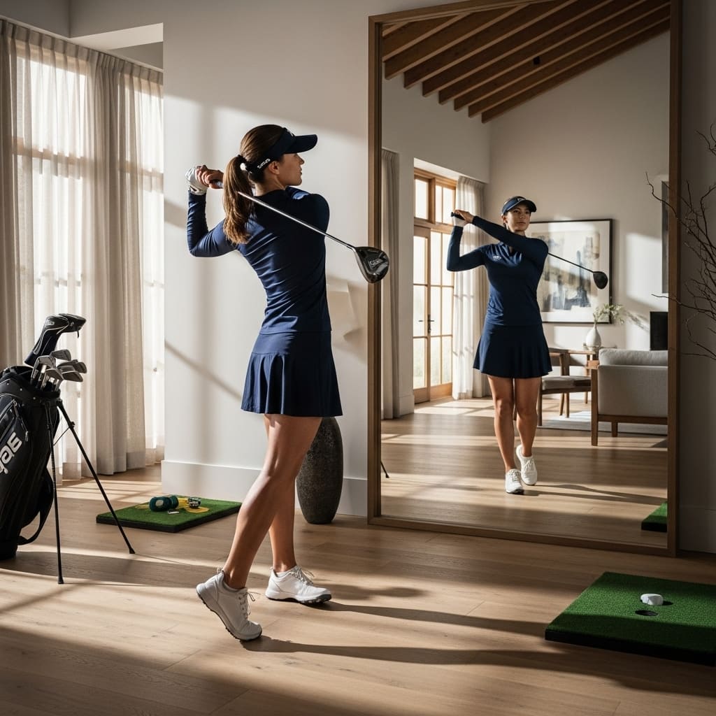 집에서 거울을 보며 완벽한 골프 스윙 자세를 연습하는 골퍼의 모습.