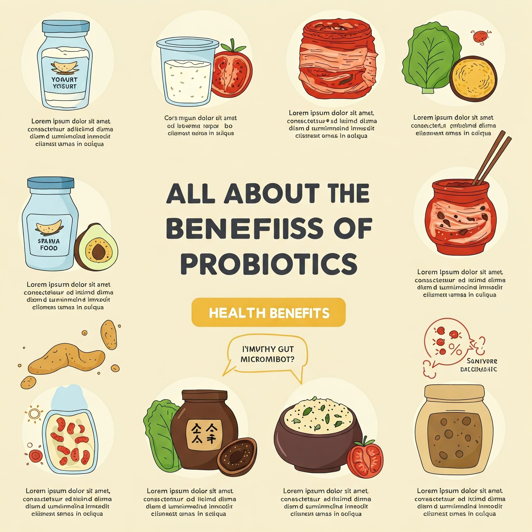다양한 유산균 식품(요구르트, 김치, 된장)과 장내 미생물이 건강에 미치는 영향을 보여주는 인포그래픽