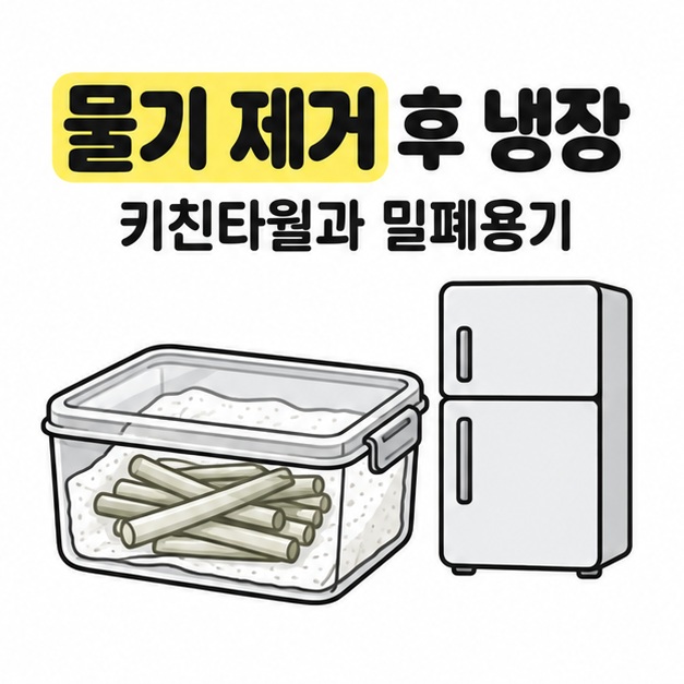물기를 제거한 마늘쫑을 키친타월과 밀폐용기에 담아 냉장 보관하는 그림