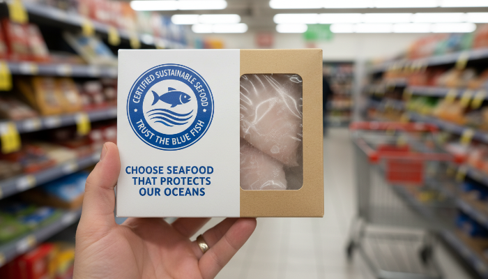 해양 생태계 보호를 위해 MSC 인증 마크를 확인하는 소비자의 모습