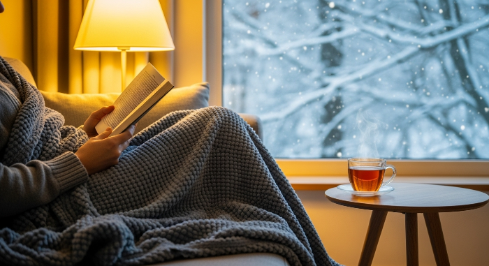 담요를 덮고 책을 읽는 사람과 따뜻한 차 한 잔, 아늑한 겨울 실내 풍경