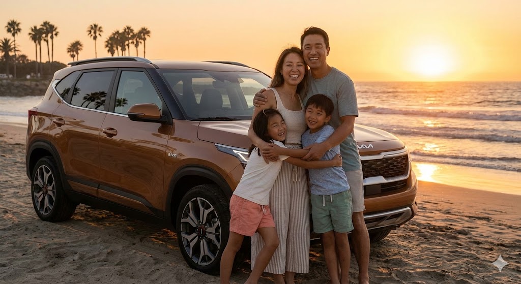 노을 지는 해변가에 세워진 신형 셀토스 옆에서 가족들이 즐겁게 웃고 있는 모습
