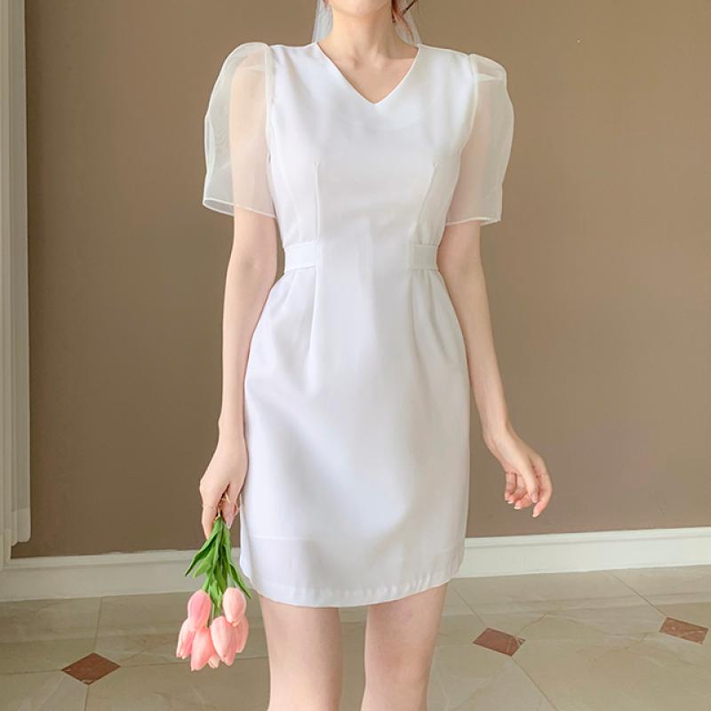 애나 미니 셀프웨딩 드레스 오간자 시스루 브이넥 리본 피로연 브라이덜샤워 파티 원피스