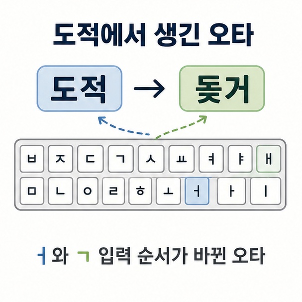 도적을 빠르게 입력하다 돚거라는 오타가 만들어지는 과정을 설명한 이미지