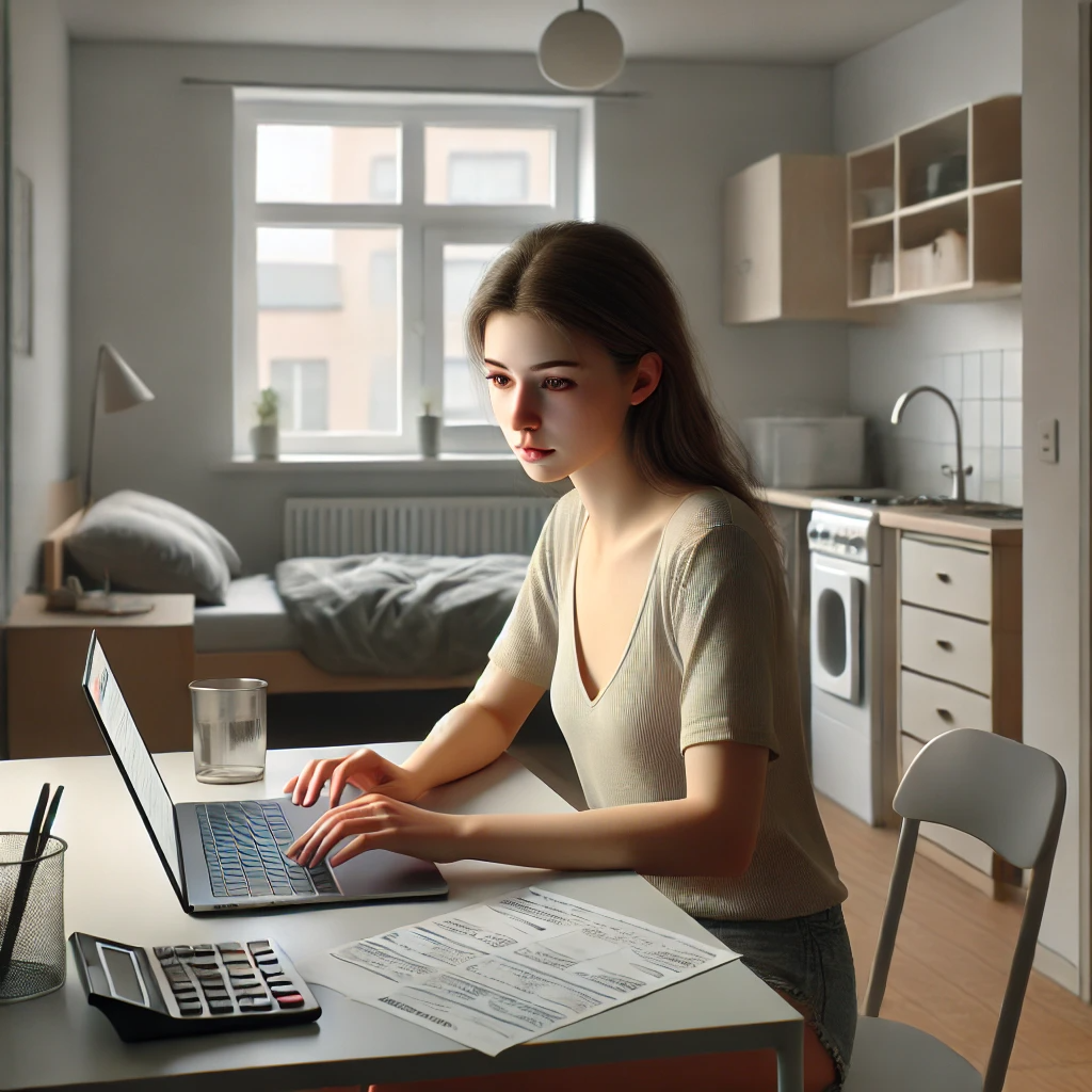 작은 책상에서 월세를 계산하며 은행 계좌를 확인하는 20대 여성의 모습