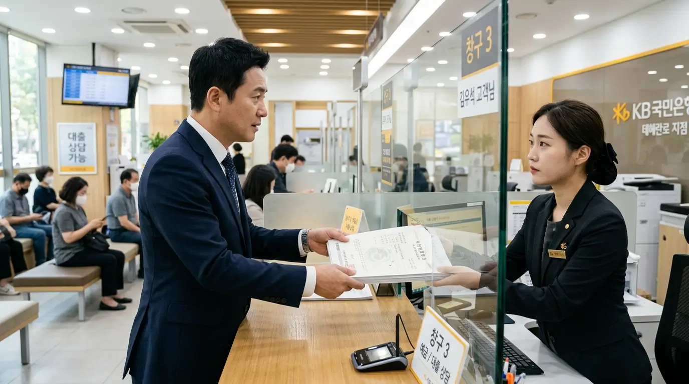시중 은행 영업점 창구에서 개인 사업자가 세금 납부 증명서를 은행원에게 제출하며 상담받는 장면