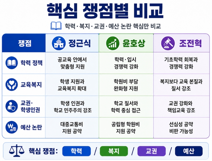 2026 서울교육감 후보 공약 비교 정근식 윤호상 조전혁 핵심정리