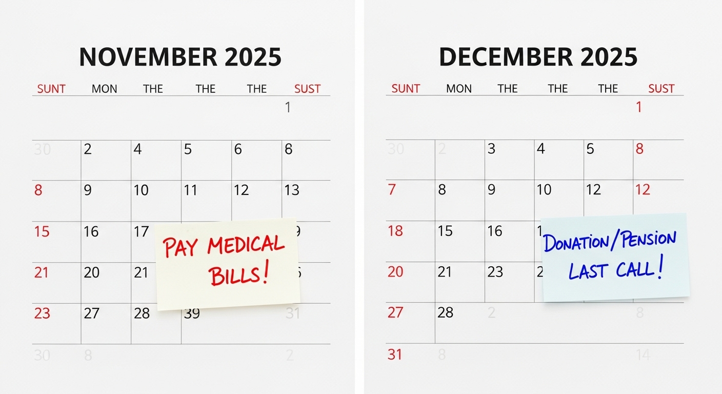 2025년 11월/12월 달력이 보이고, 11월에는 '병원비 결제!', 12월에는 '기부금/연금저축 막차!'라고 표시된 이미지