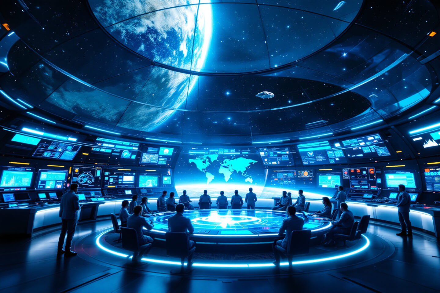 미래적인 우주 작전 센터의 내부. 둥근 유리 돔 아래에서 군 관계자와 과학자들이 지구와 우주선이 표시된 디지털 스크린을 보며 전략 회의를 진행 중.