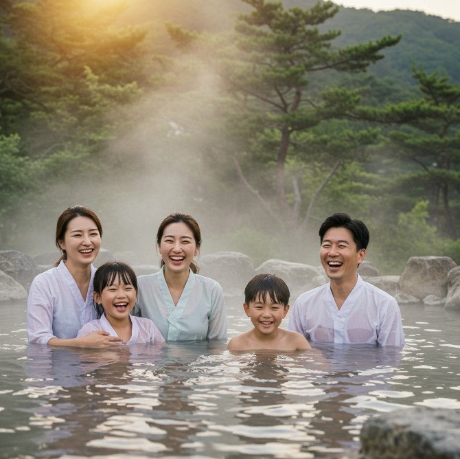 가족들이 노천탕에서 온천을 즐기는 모습의 이미지