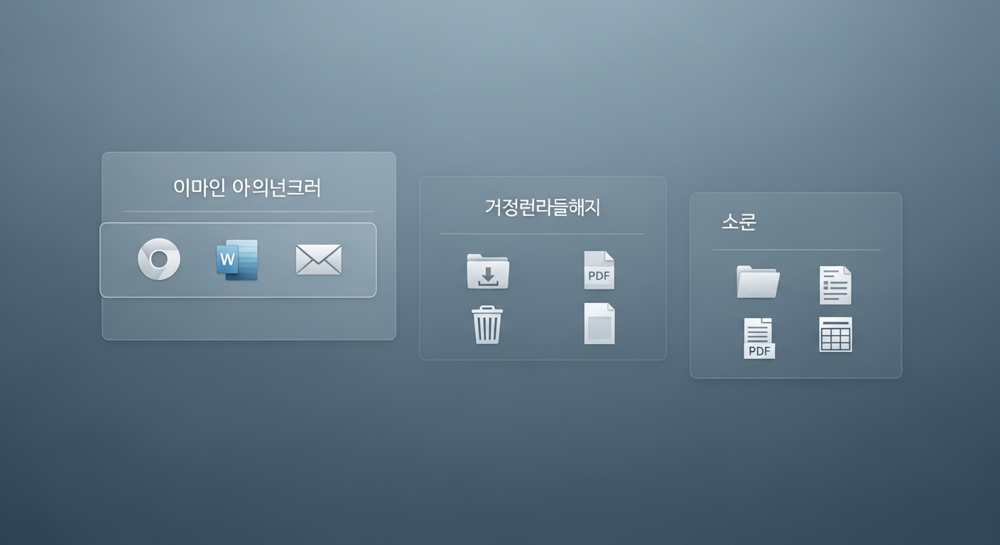 자주 사용하는 아이콘, 임시 파일, 문서 등 구역이 나뉜 배경화면 위로 깔끔하게 정리된 바탕화면 아이콘