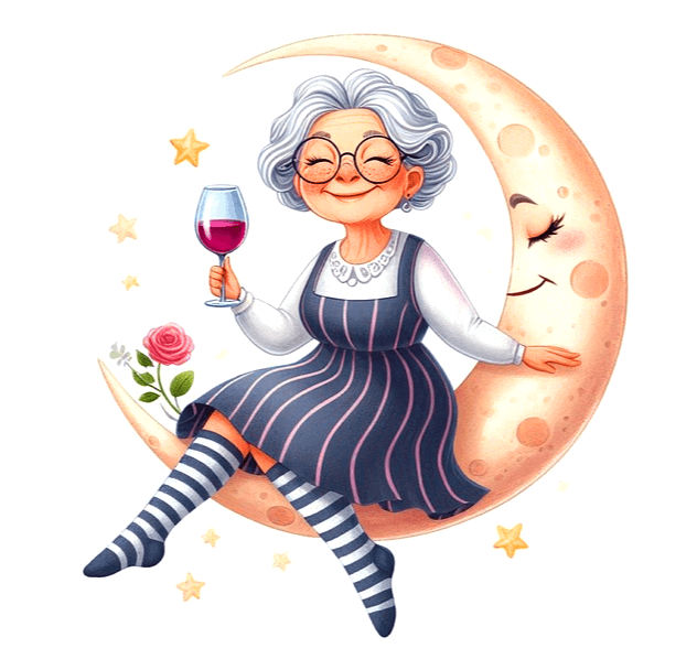 초승달에 백발의 할머니가 걸터앉아서 붉은 포도주를 마시고 있다. 매우 행복한 얼굴이다.