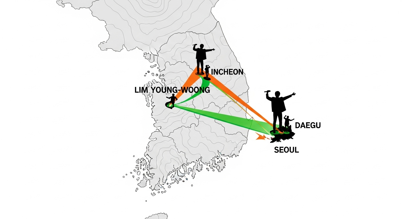 임영웅 전국투어 'IM HERO' 콘서트의 여정을 보여주는 한국 지도. 인천, 대구, 서울이 초록색과 주황색 선으로 연결되어 투어 경로를 나타낸다.