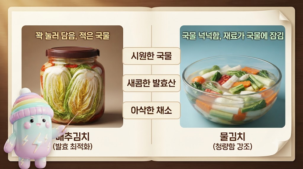일반 김치와 물김치의 차이를 명확히 보여주는 비교 인포그래픽입니다. 쫀쿠가 꽉 눌러 담근 배추김치 항아리와 물이 넉넉한 물김치 유리 볼을 가리키고 있습니다.