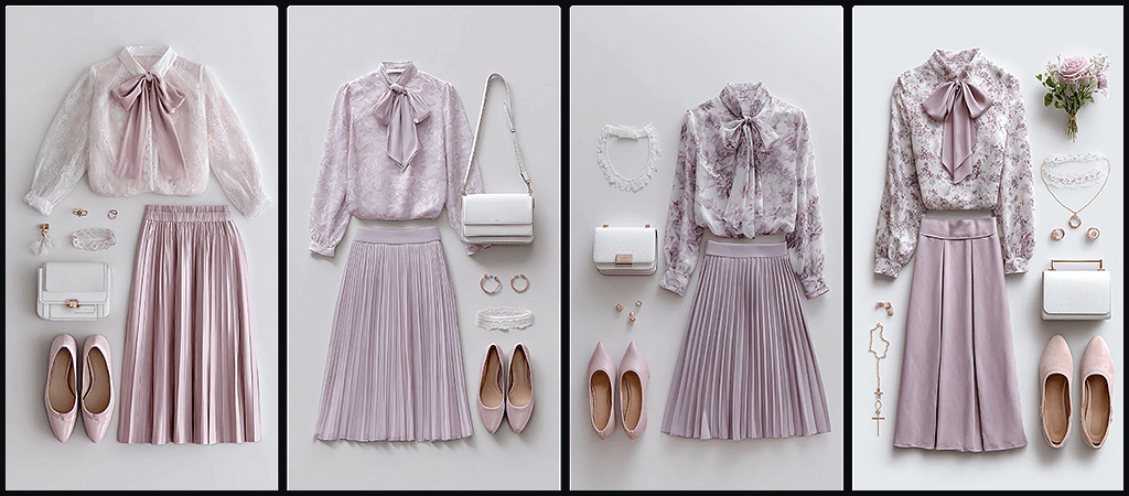 플랫 레이, 상의와 하의, 신발, 가방, 액세서리를 평면에 배치하여 한눈에 코디를 보여주는 의상 이미지 예시_Midjourney