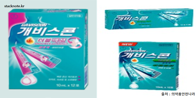 개비스콘 더블액션과 페퍼민트 제품 비교 사진 - 가슴 쓰림과 위산 역류 치료를 위한 스틱형 현탁액