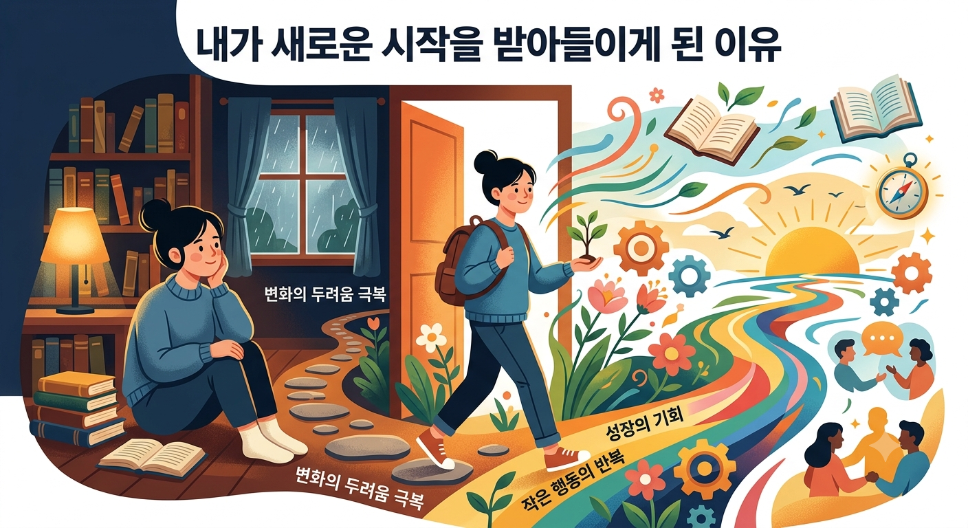변화의 두려움을 극복하고 새로운 시작과 성장의 기회를 향해 나아가는 모습을 표현한 이미지