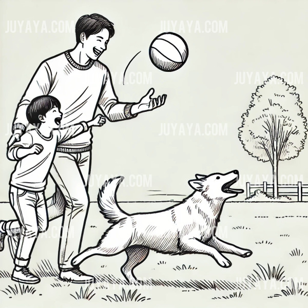 잔디밭에서 아빠와 아이가 공을 던지며 강아지와 놀고 있는 모습, 간단한 나무와 풀 배경의 스케치 스타일.