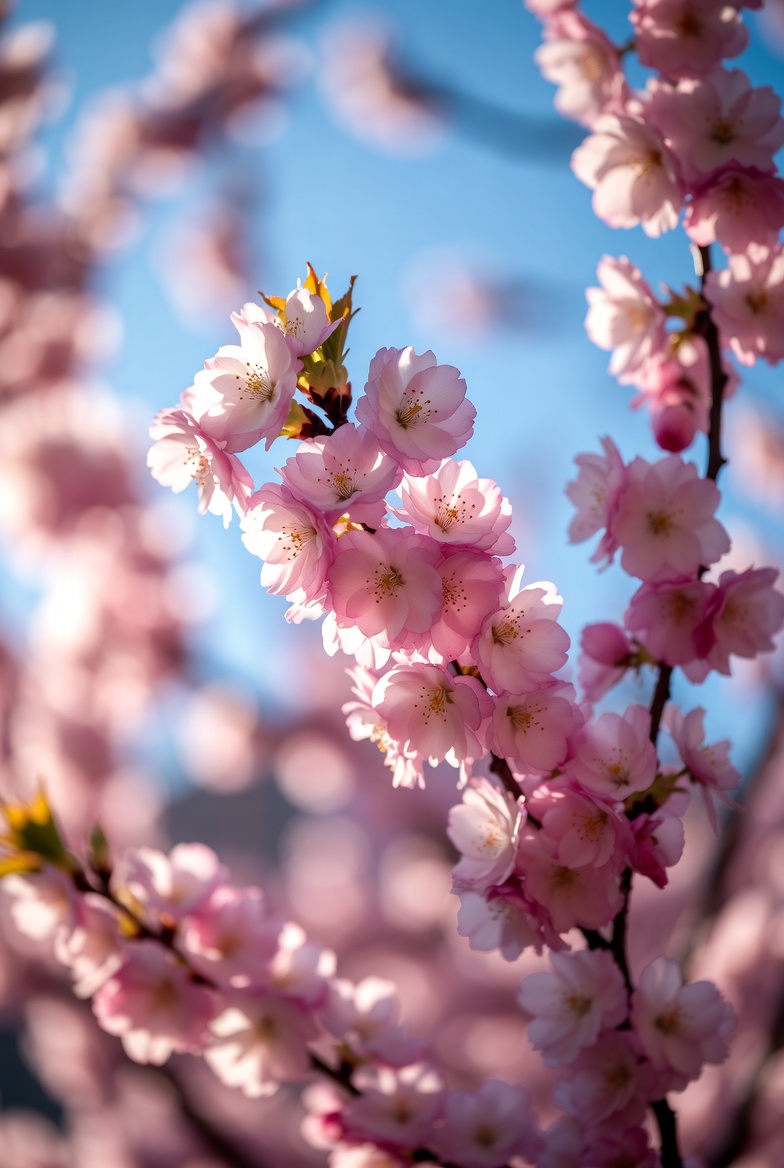 맑은 하늘 아래 흐드러지게 핀 분홍빛 벚꽃 가지와 따뜻한 봄 햇살이 어우러진 풍경입니다.
