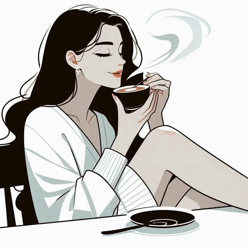 앉아서 커피를 즐기고 있는 여자