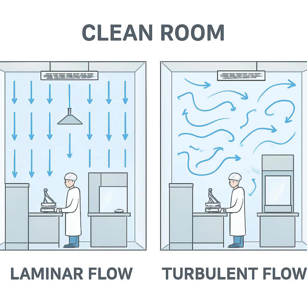 클린룸 오염제어를 위한 공기 흐름 설계 방법에서 층류와 비층류 형태를 그림으로 표현한 것이다.