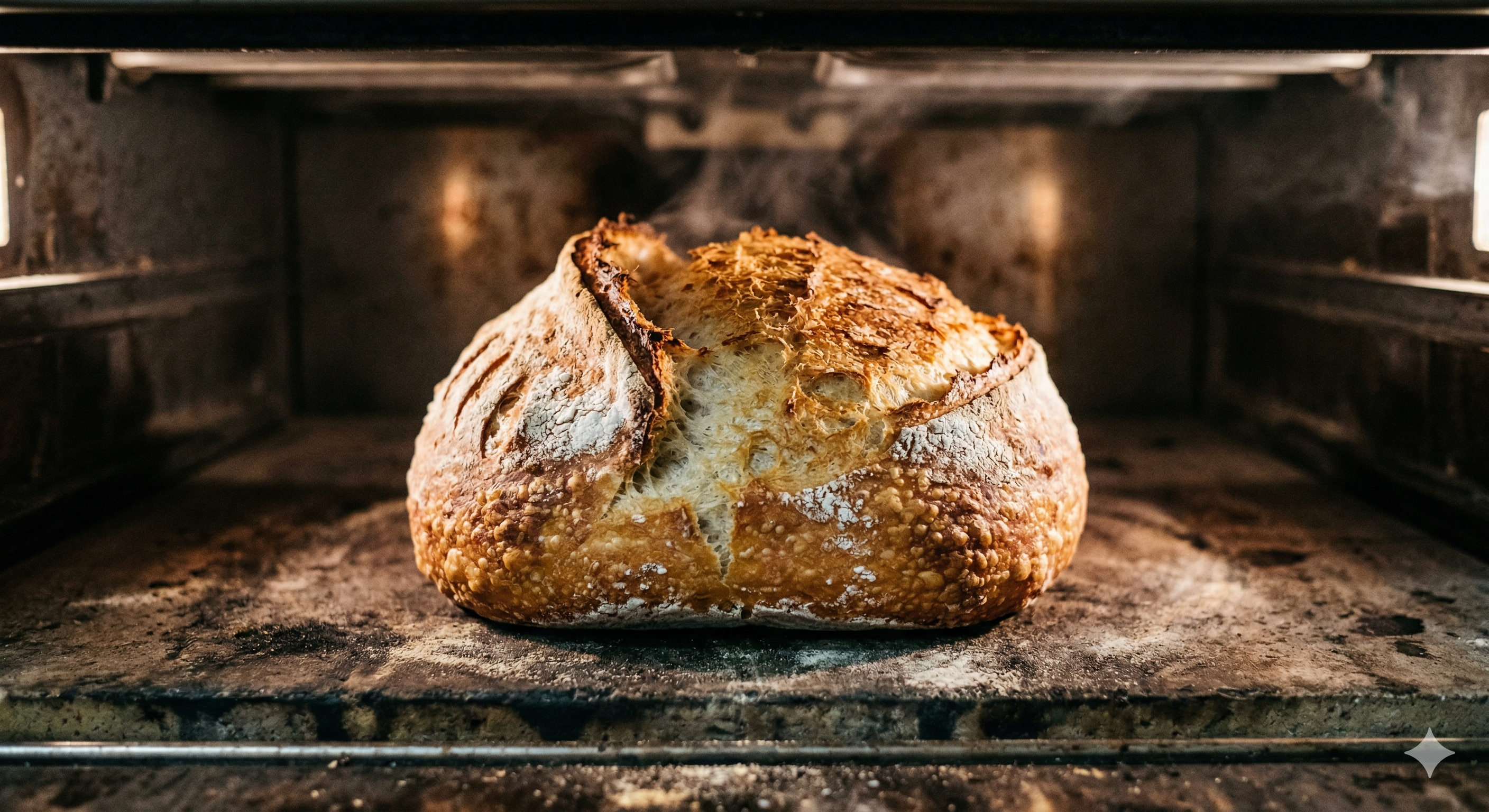 Oven spring of sourdough bread with golden crust in a professional oven.