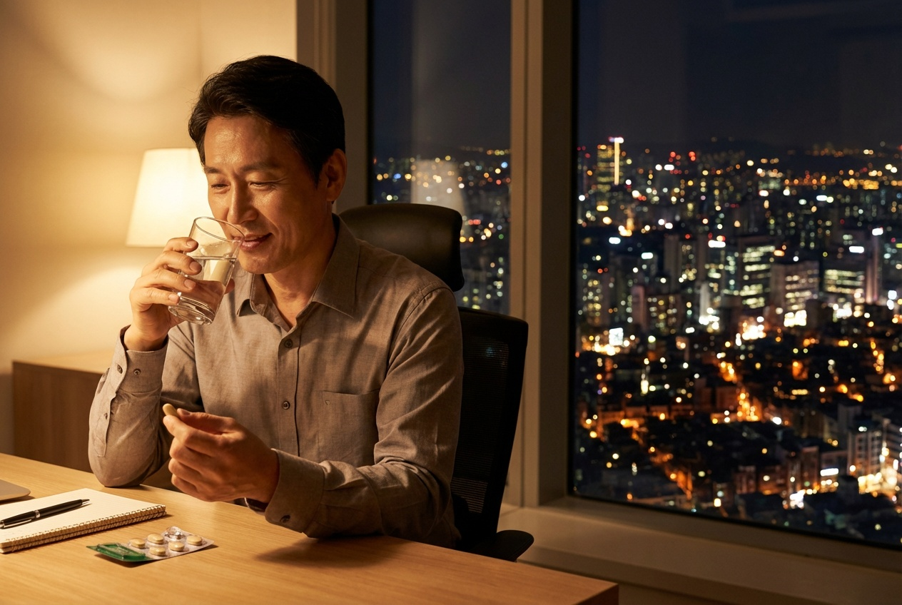 야경이 보이는 사무실에서 40대 한국인 직장인이 책상 위 영양제 PTP를 두고 한 손에는 알약, 다른 손에는 물컵을 들고 미소 지으며 섭취를 준비하는 모습