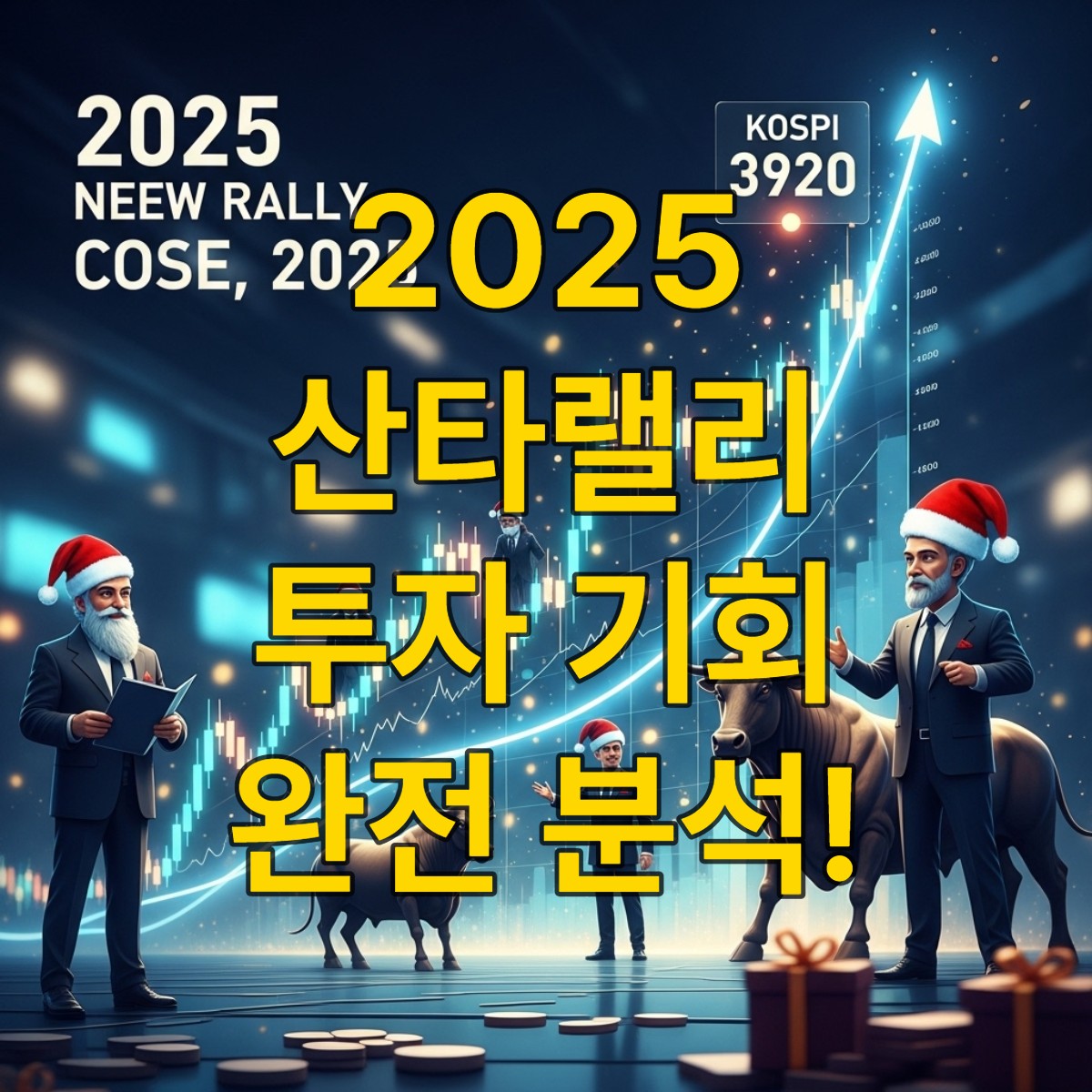 2025년 연말, 코스피 3920선 회복을 나타내는 상승 그래프와 산타랠리에 대한 기대감을 상징하는 축제 분위기의 주식 시장 풍경.