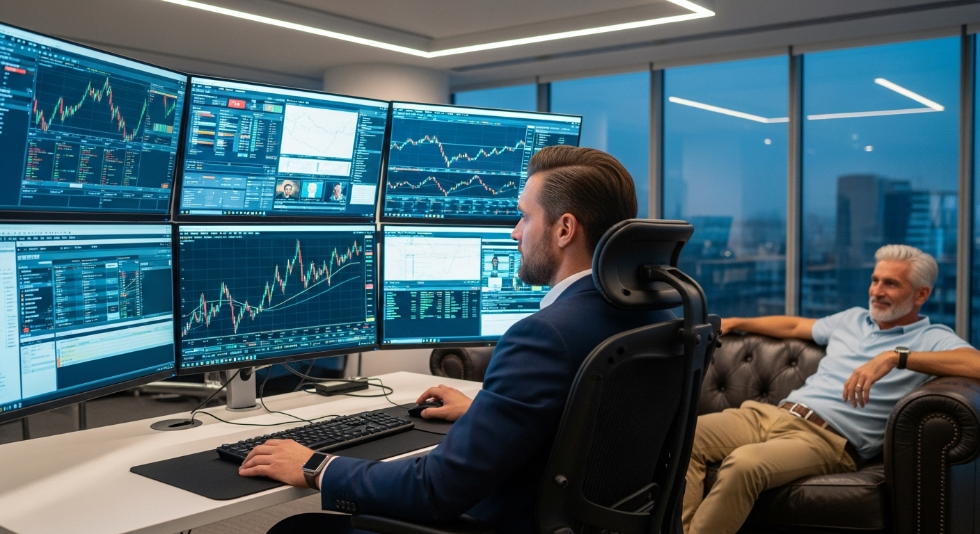 복잡한 주식 시장 모니터 앞에서 땀 흘리며 종목을 고르는 펀드매니저의 듬직한 뒷모습