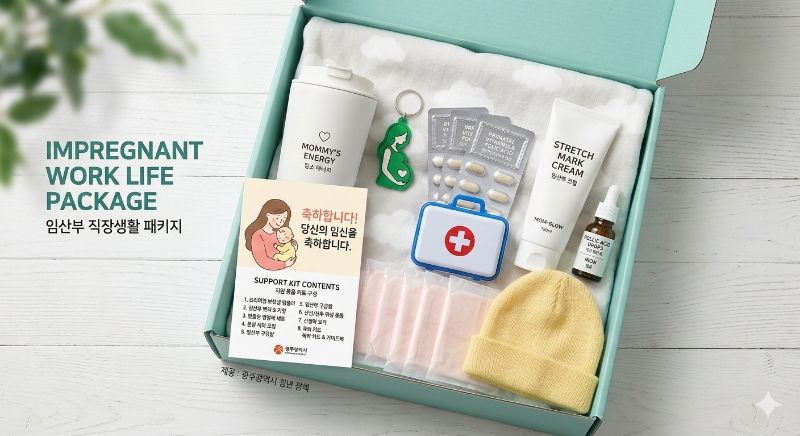alt="임산부 직장생활 패키지 지원 용품 구성과 임산부 지원 키트 이미지"