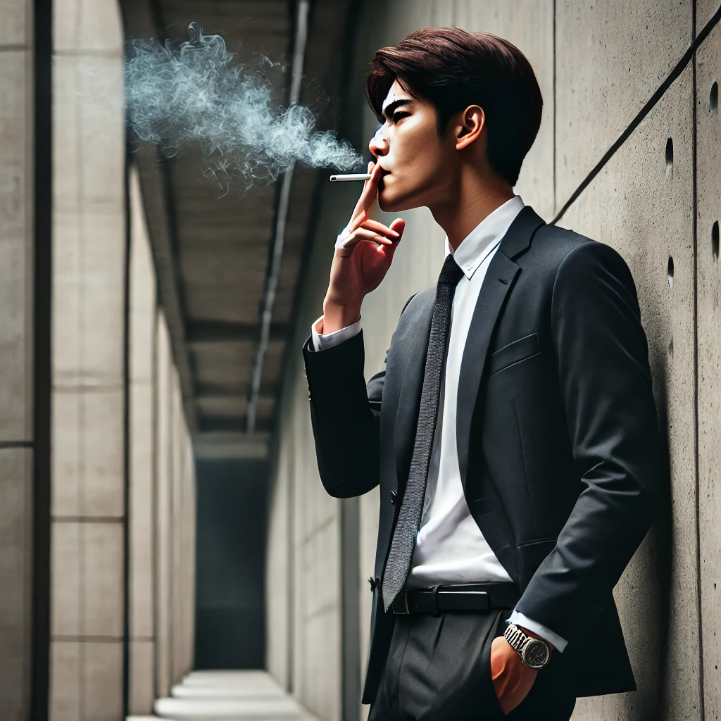 정장을 입은 직장인이 건물 밖에서 담배를 피우며 피로한 표정을 짓는 모습