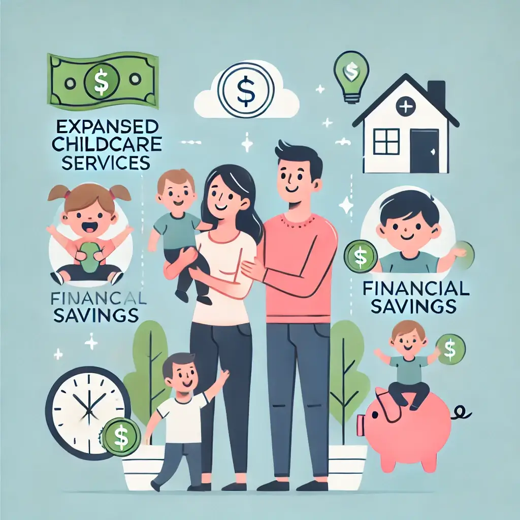 확대된 돌봄서비스 혜택과 부모의 만족을 표현한 일러스트.