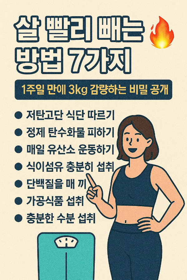 7가지 다이어트 방법을 조목조목 소개하며 손으로 가리키는 여성 캐릭터가 함께 있는 실용적 인포그래픽 이미지