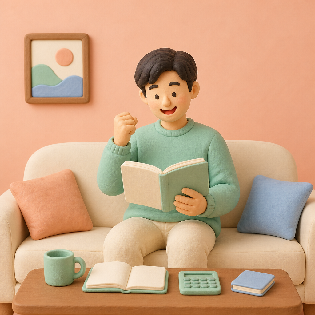 거실 소파에서 가계부를 펴고 웃으며 계산을 마친 30대 남성