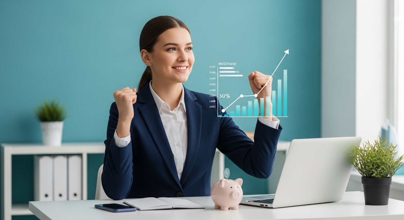 성공적인 소액 투자로 자산을 불려가는 월급쟁이의 희망찬 모습.