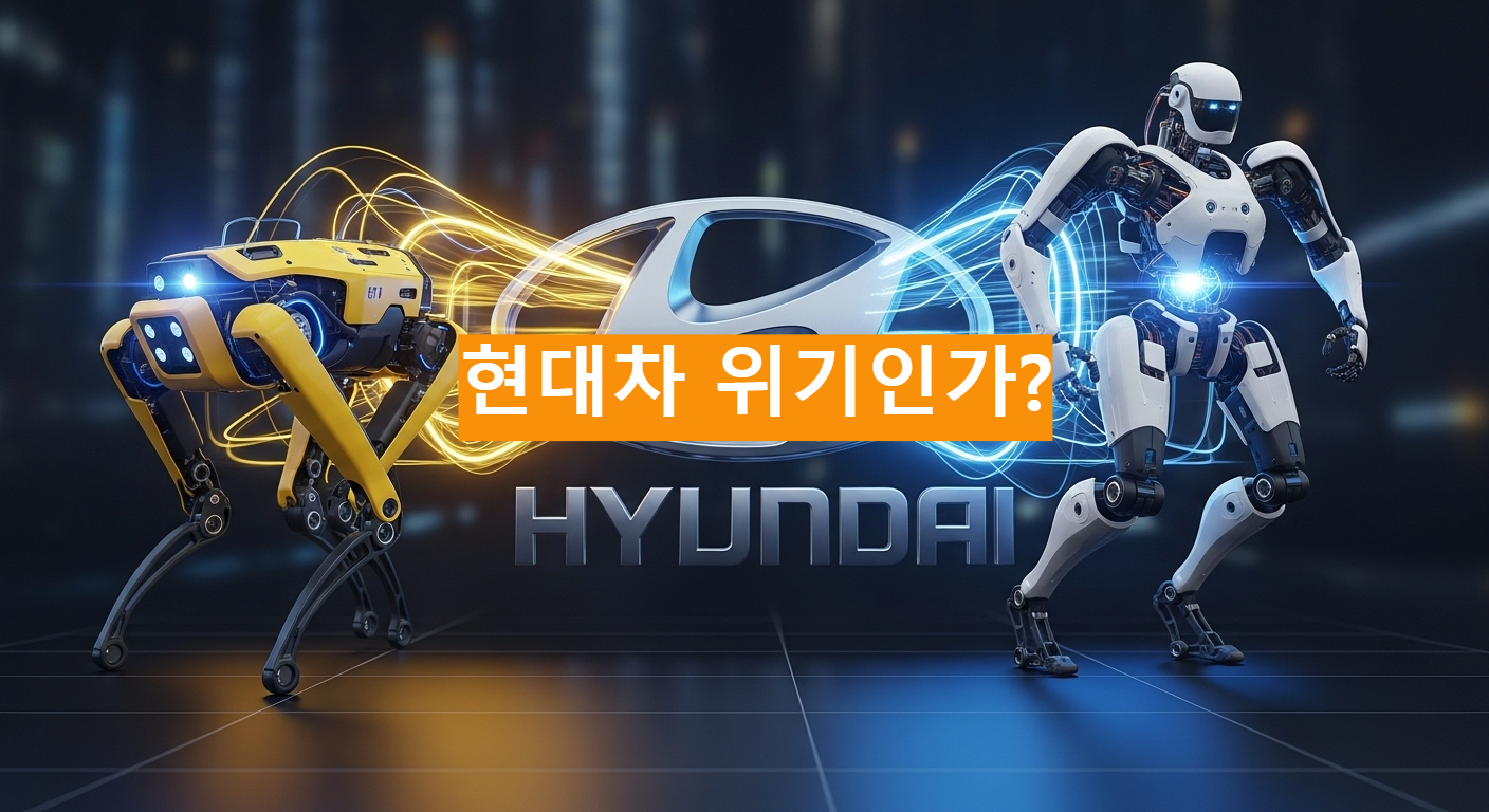 현대차 로고와 보스턴 다이내믹스 로봇 스팟, 아틀라스가 융합된 이미지, 인수 당시의 시너지를 표현함.