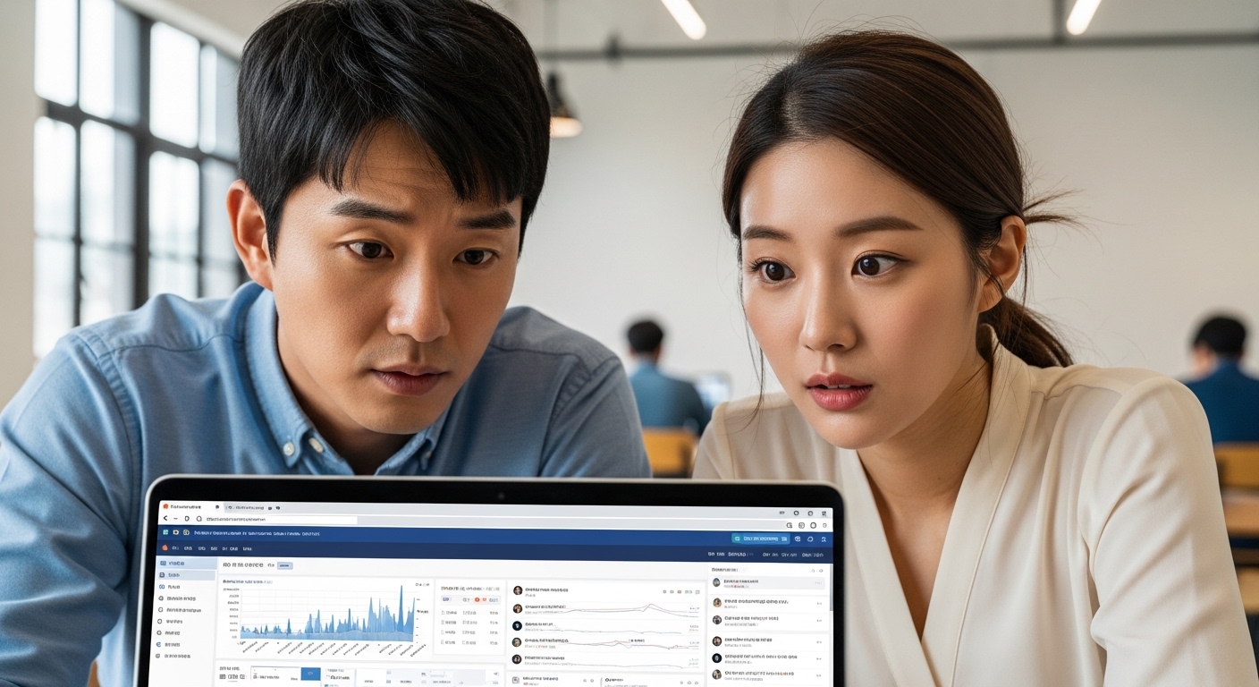 랩톱 화면을 보며 인스타그램 알고리즘 분석에 몰두하는 한국인 남녀