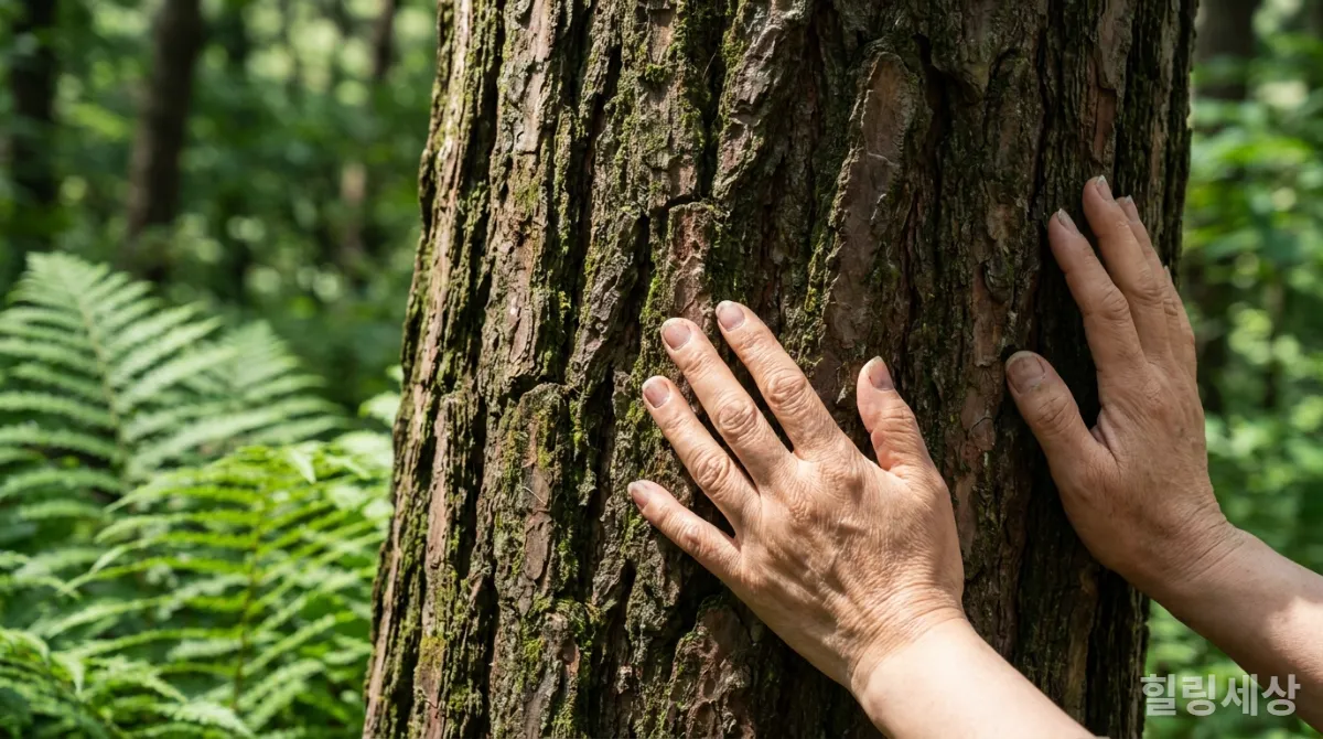숲속에서 소나무 껍질을 만지는 여성의 손