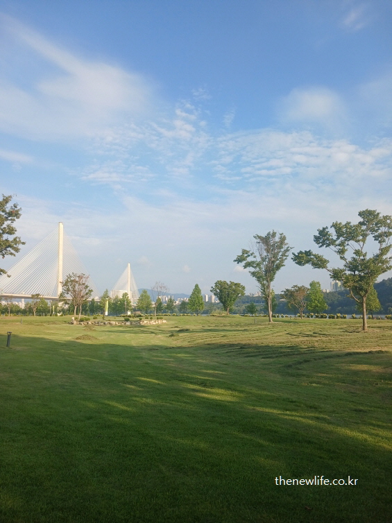 구리 한강시민공원에서 바라본 고덕 토평대교와 축제 무대가 설치된 잔디밭 풍경