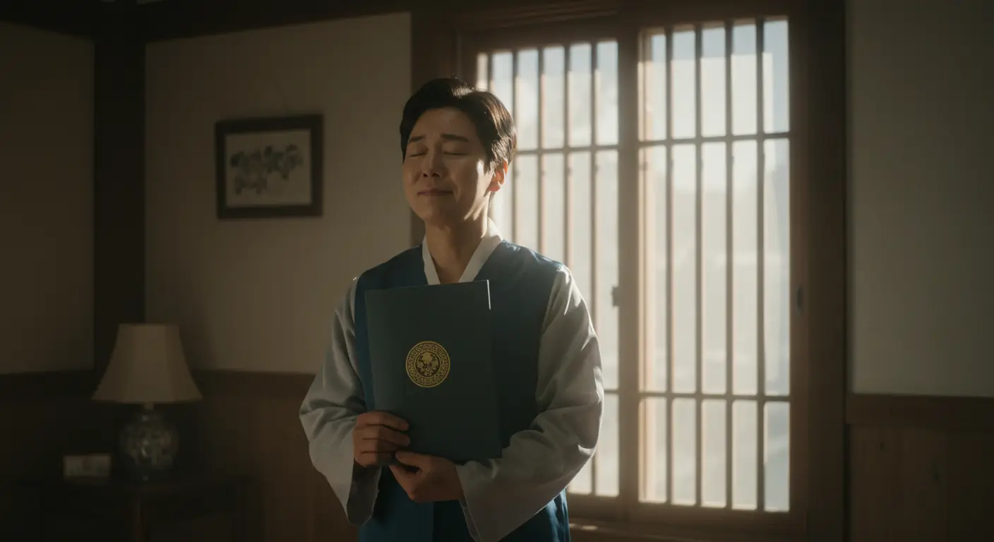 법원으로부터 개인회생 면책결정문을 받고 창밖의 햇살을 보며 희망을 찾는 한국인 남성