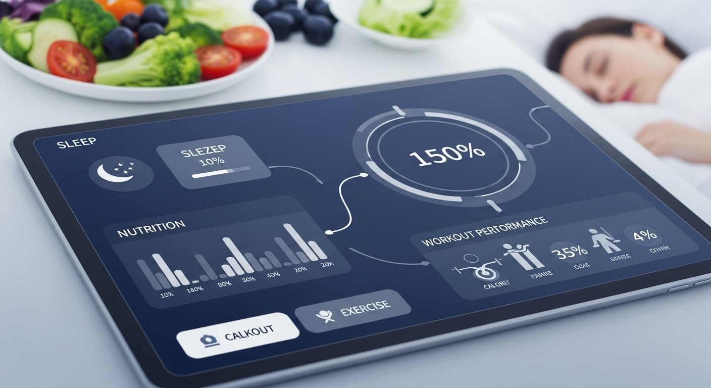 수면, 영양, 운동 데이터가 통합된 스마트 코칭 화면. 건강한 라이프스타일을 위한 전반적인 관리를 보여준다.